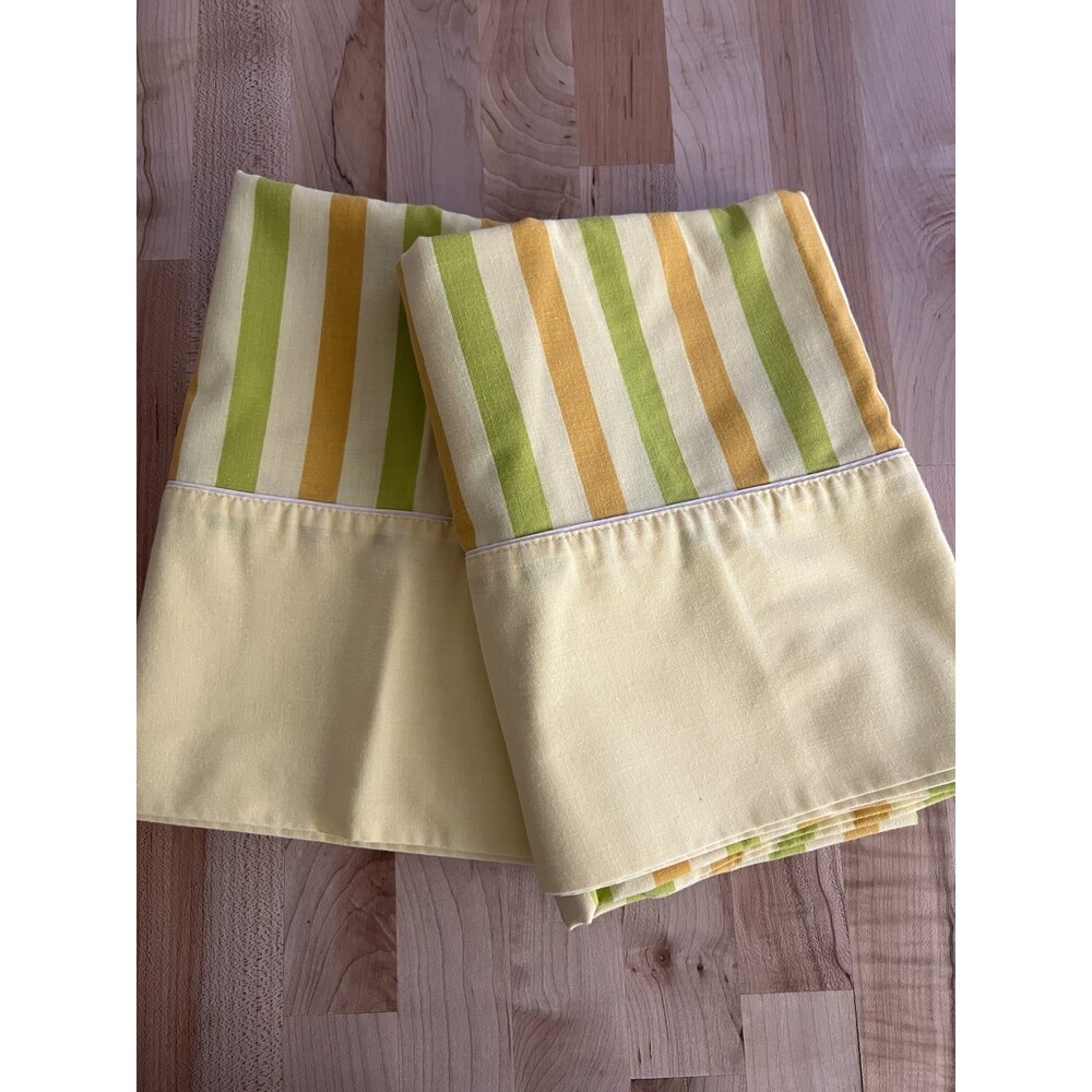 60s 70s Set of 2 Cotton Poly Blend Regular Pillow Cases Yellow Green Stripe